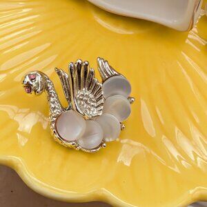 Vintage Gold Tone Swan Brooch with Mother of Pearl & Rhinestone Details